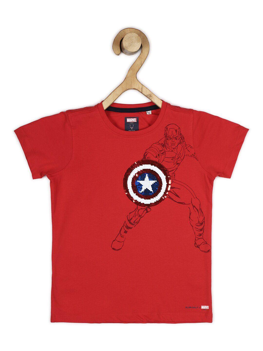 allen solly junior boys red & blue captain america printed pure cotton t-shirt