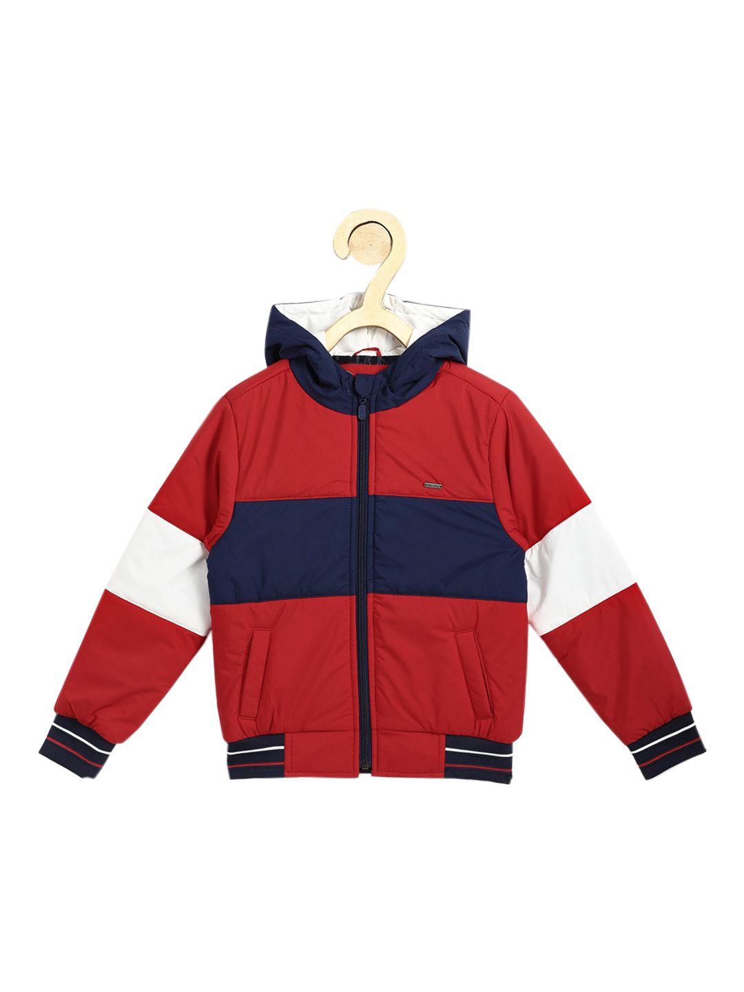 allen solly junior boys red colourblocked bomber with patchwork jacket