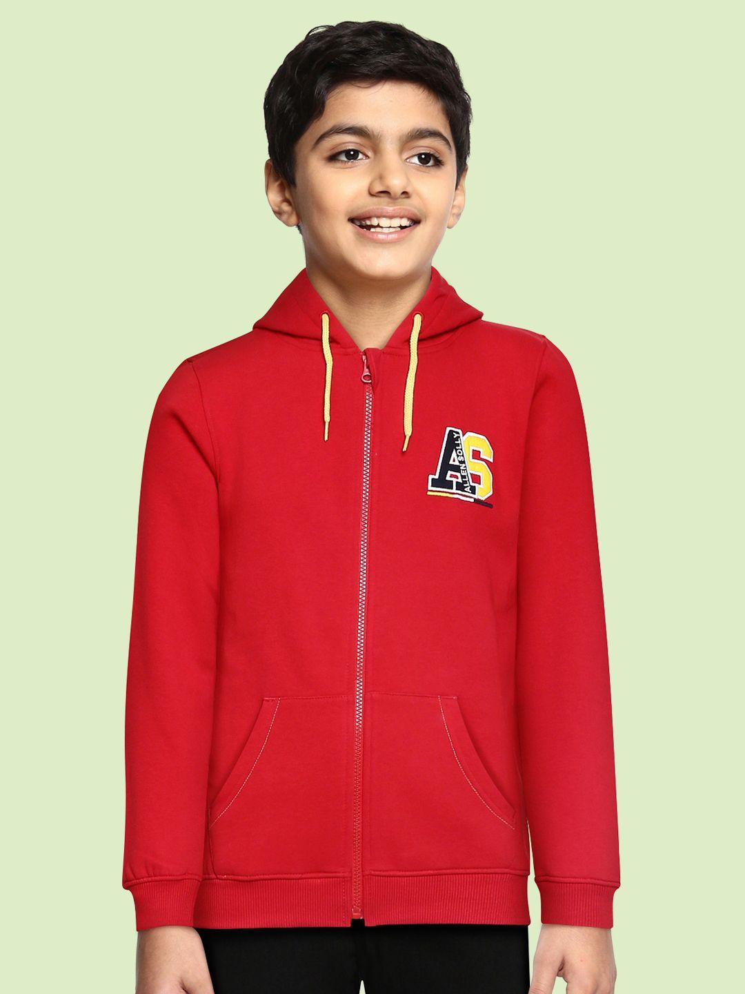 allen solly junior boys red solid hooded front open sweatshirt