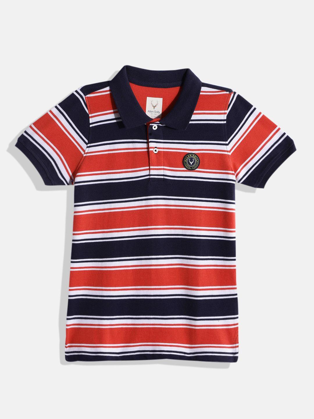allen solly junior boys rust & navy blue pure cotton striped polo collar t-shirt