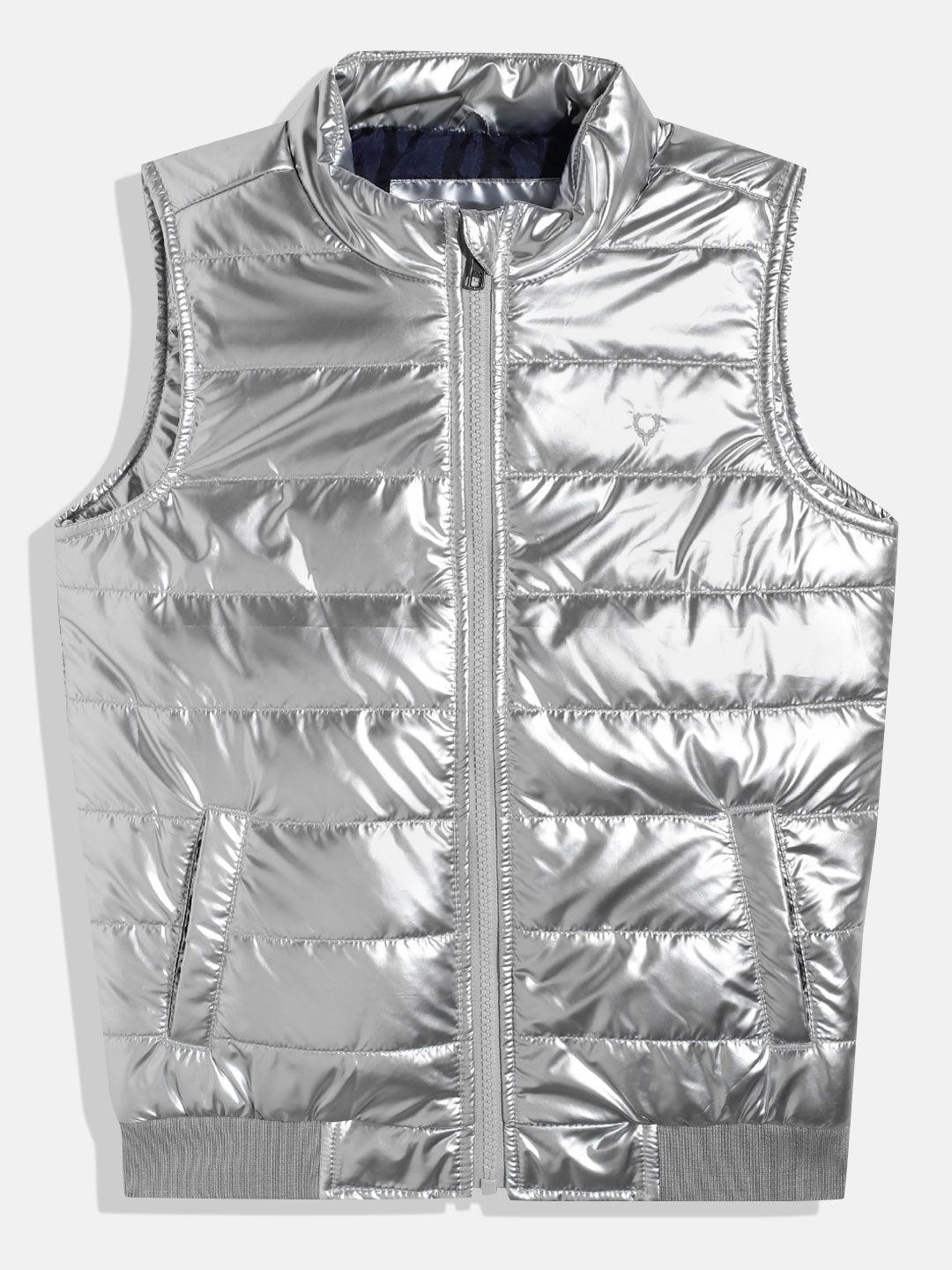 allen solly junior boys silver-toned mock collar sleeveless padded jacket