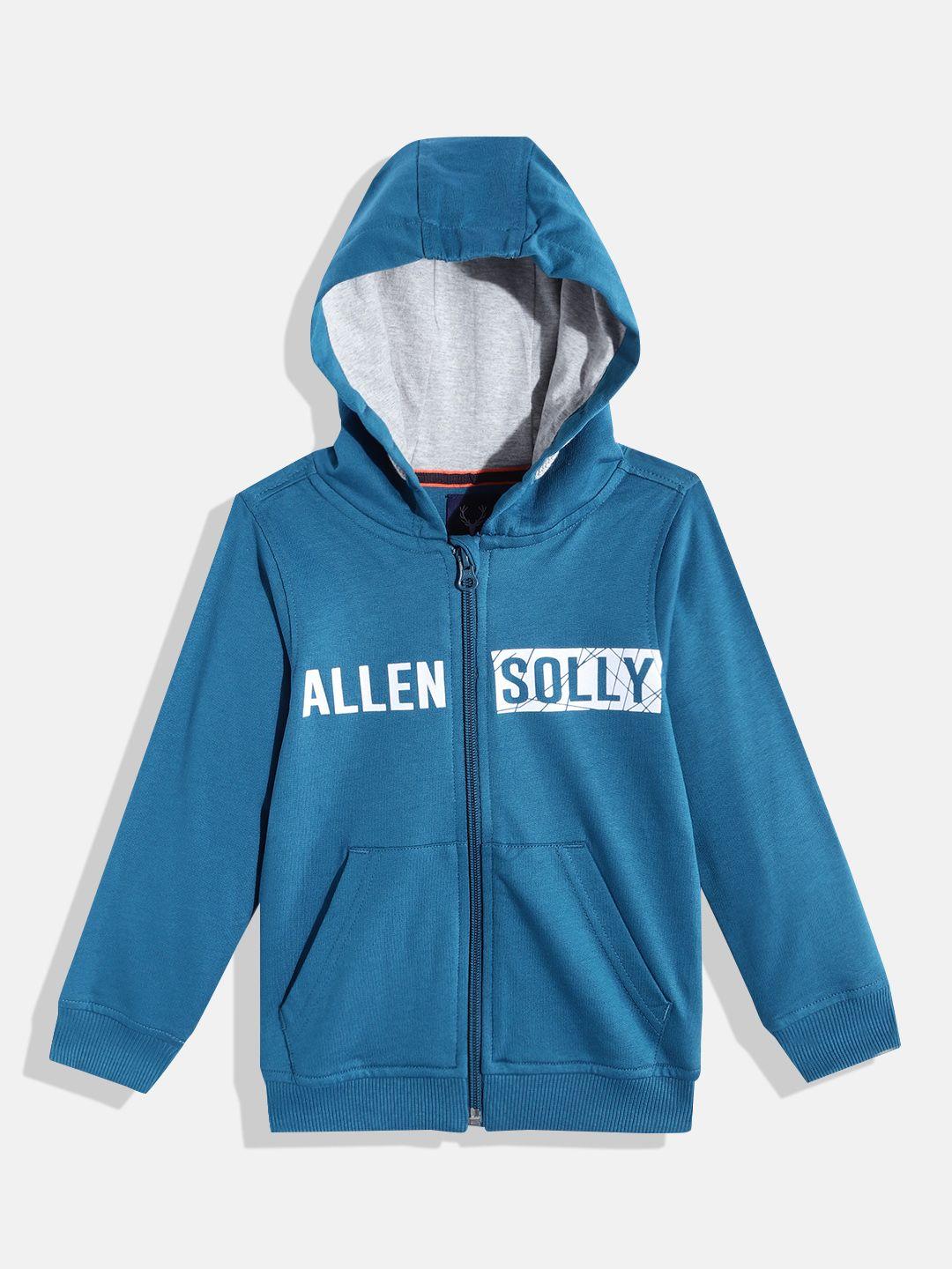 allen solly junior boys teal blue & white pure cotton brand logo print hooded sweatshirt
