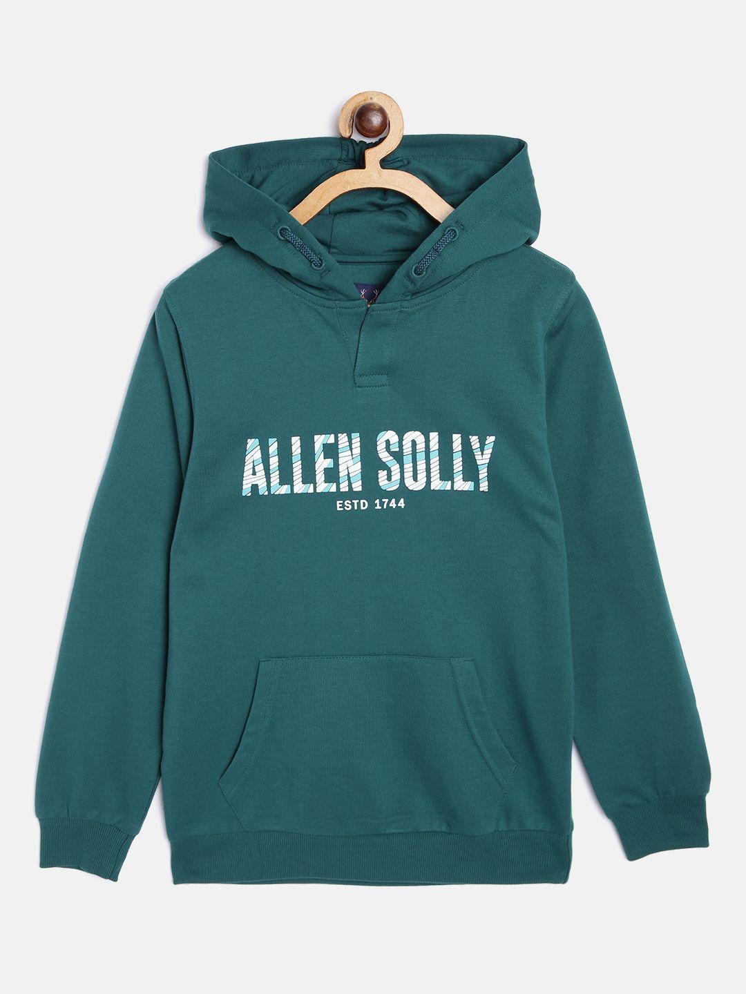 allen solly junior boys teal green & white brand logo print hooded sweatshirt