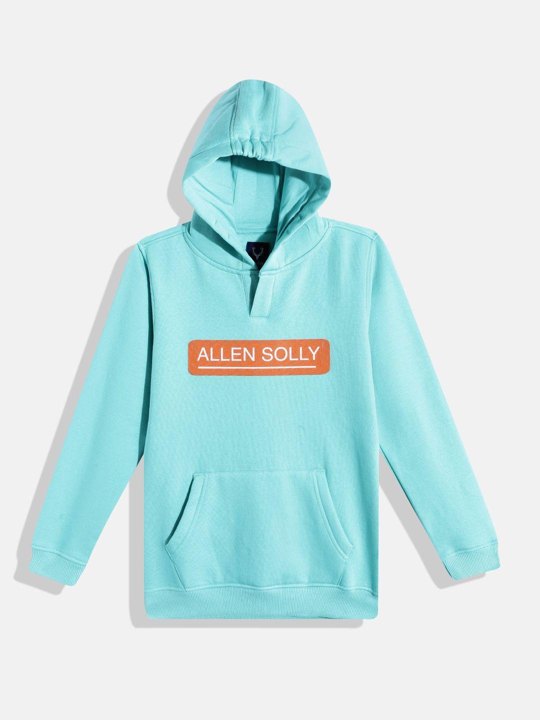 allen solly junior boys turquoise blue & orange brand logo print hooded sweatshirt