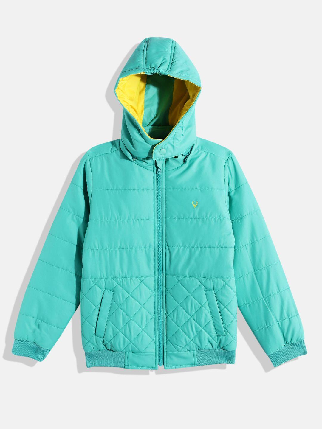 allen solly junior boys turquoise blue solid hooded bomber jacket