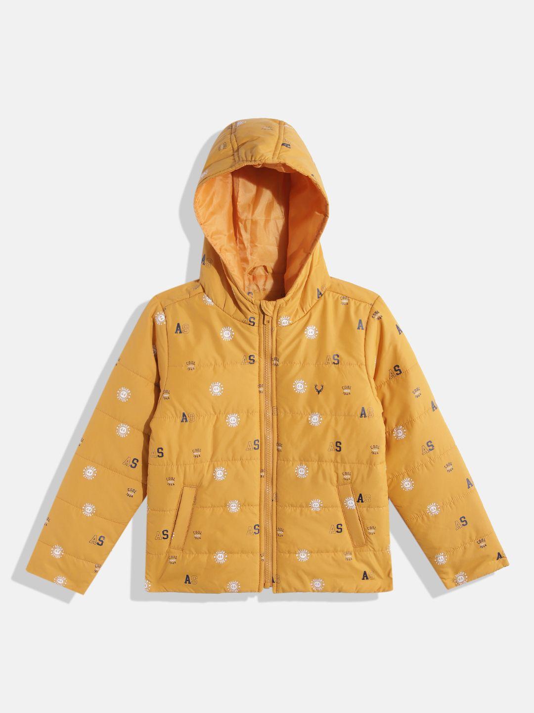 allen solly junior boys yellow & navy blue brand logo print padded jacket