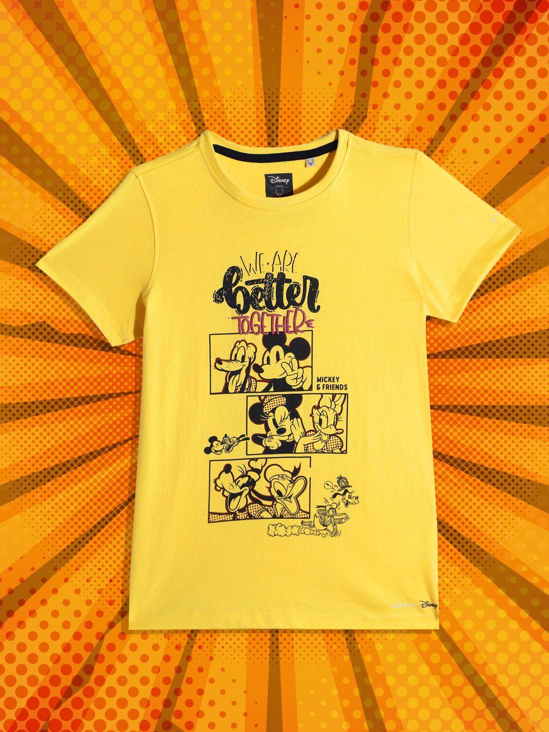 allen solly junior boys yellow & navy blue mickey mouse printed pure cotton t-shirt