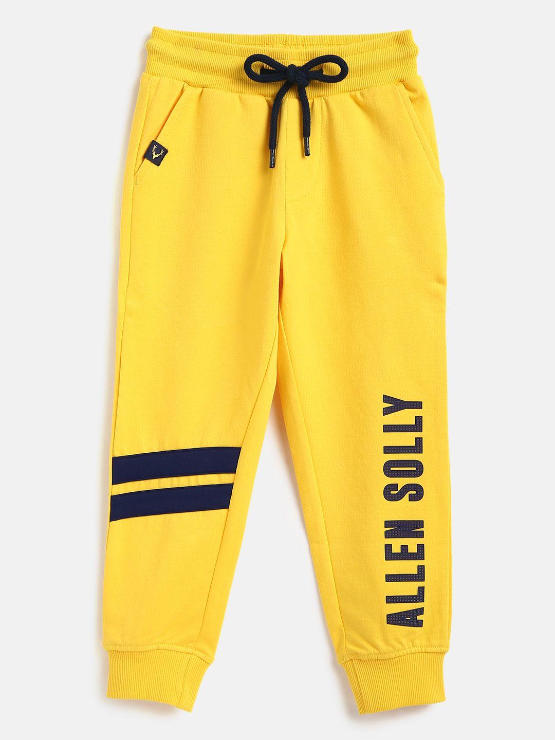 allen solly junior boys yellow & navy cotton solid joggers with brand logo print detail