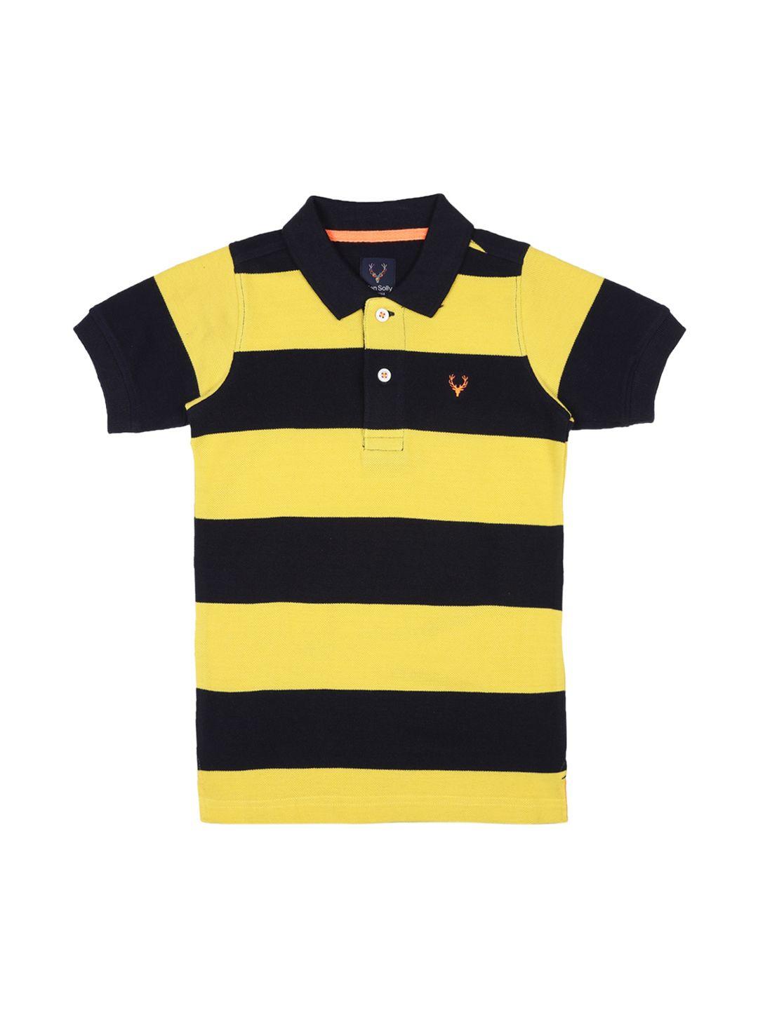 allen solly junior boys yellow  black striped polo collar pure cotton t-shirt