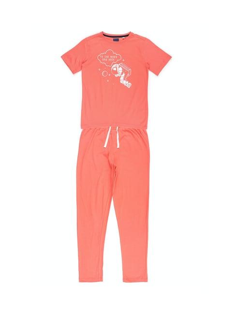 allen solly junior peach graphic print t-shirt with pants