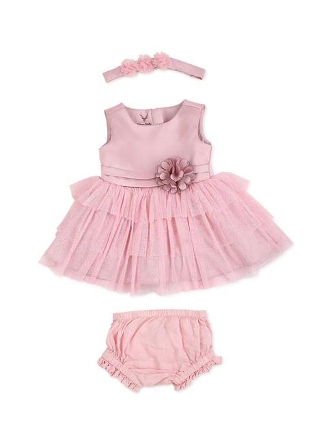 allen solly junior pink embalished frock, shorts with headband