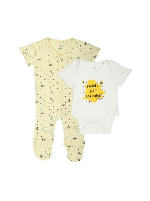 allen solly junior white & yellow graphic print bodysuit with romper