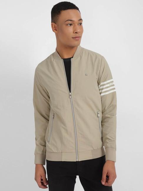 allen solly light beige cotton regular fit striped bomber jacket