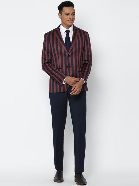 allen solly maroon & navy  slim fit striped two piece suit