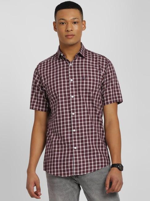 allen solly maroon cotton slim fit checks shirt