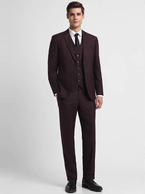 allen solly maroon slim fit checks three piece suit