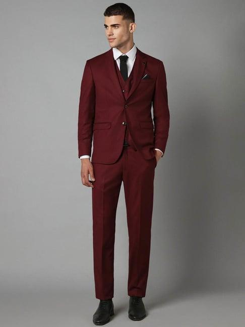 allen solly maroon slim fit texture three piece suit