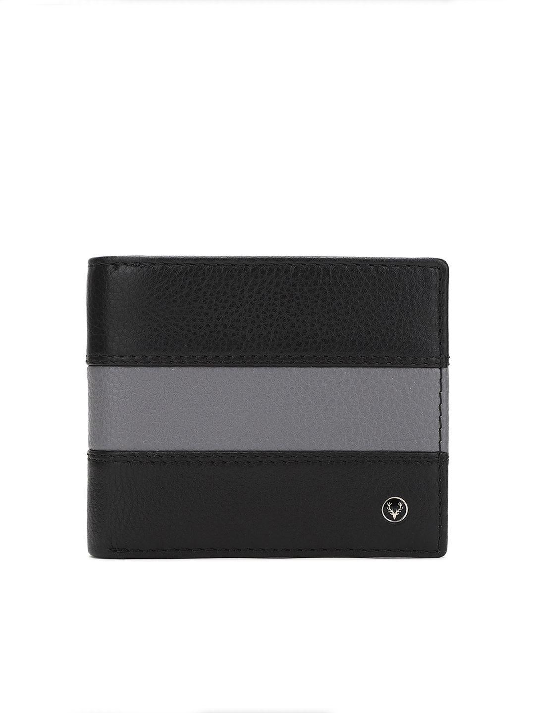 allen solly men black & grey striped solid leather two fold wallet with sd card holder