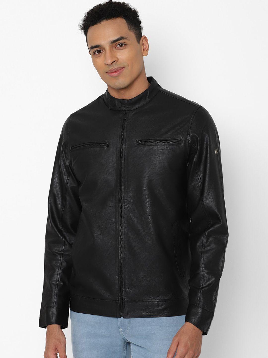 allen solly men black solid biker jacket