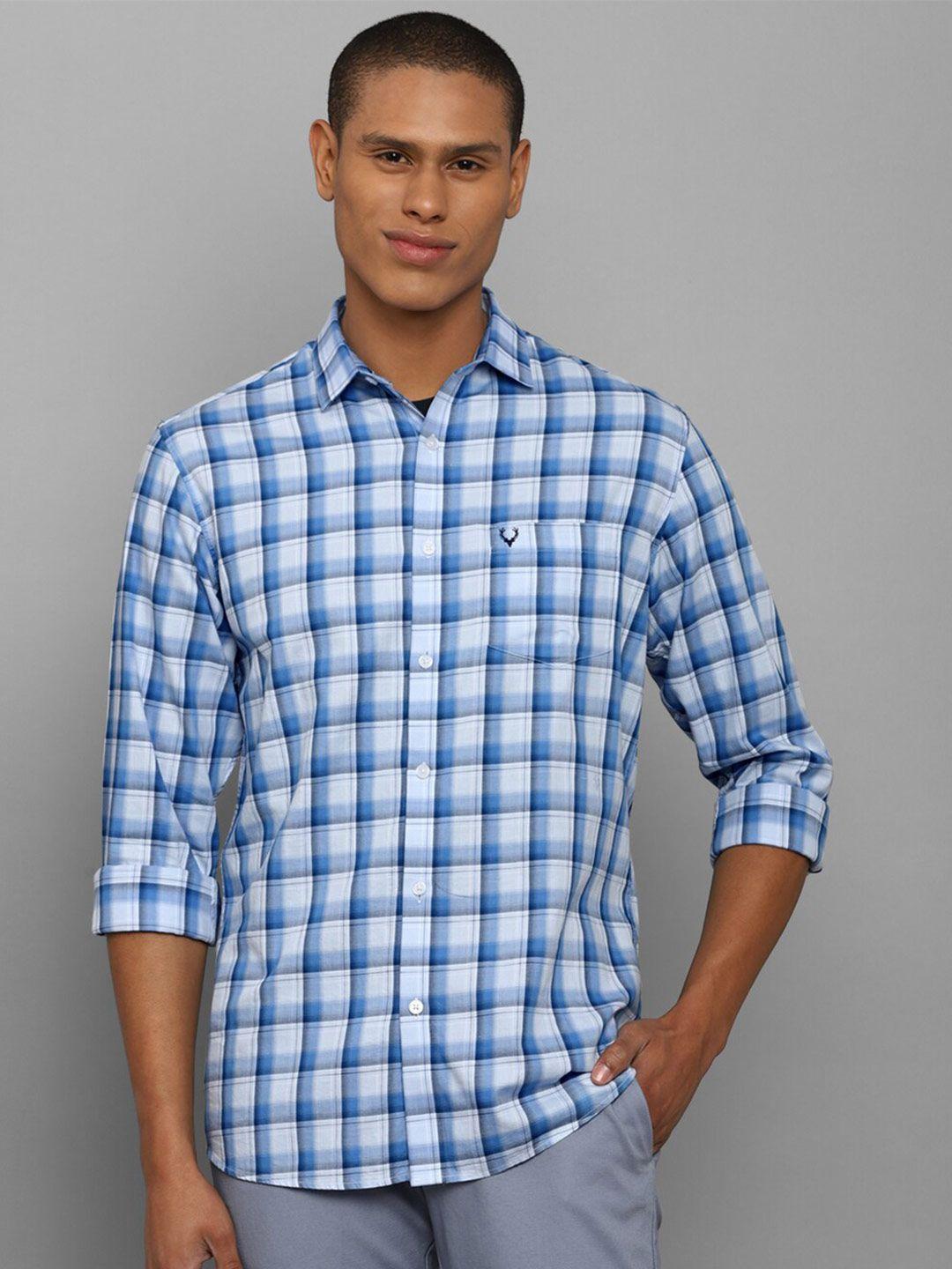 allen solly men blue slim fit checked cotton casual shirt