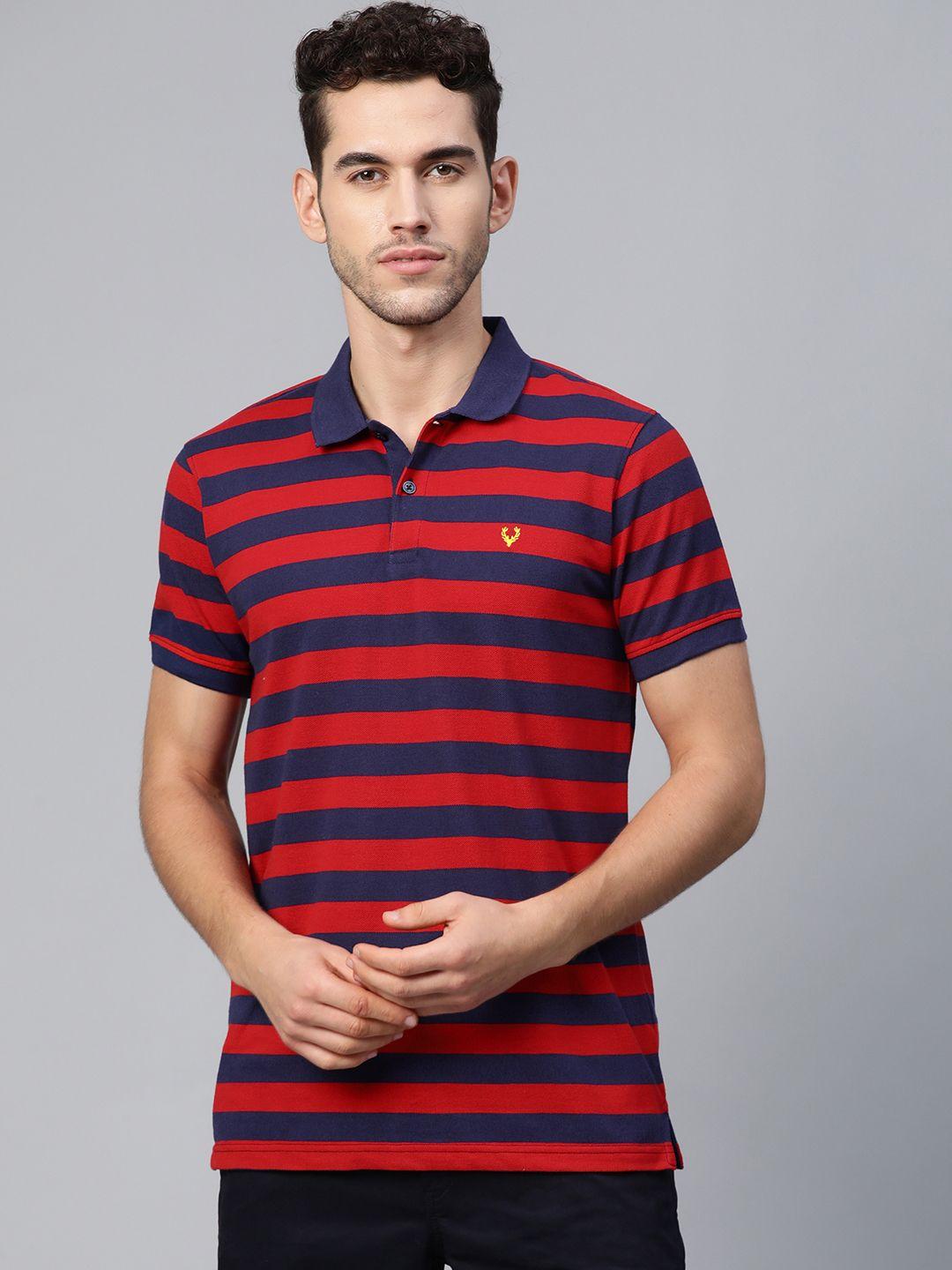 allen solly men navy blue & red striped polo collar t-shirt