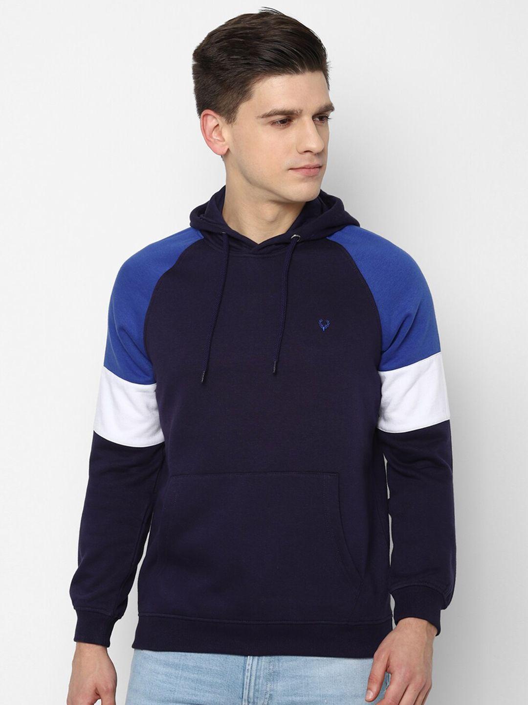 allen solly men navy blue colourblocked hooded sweatshirt