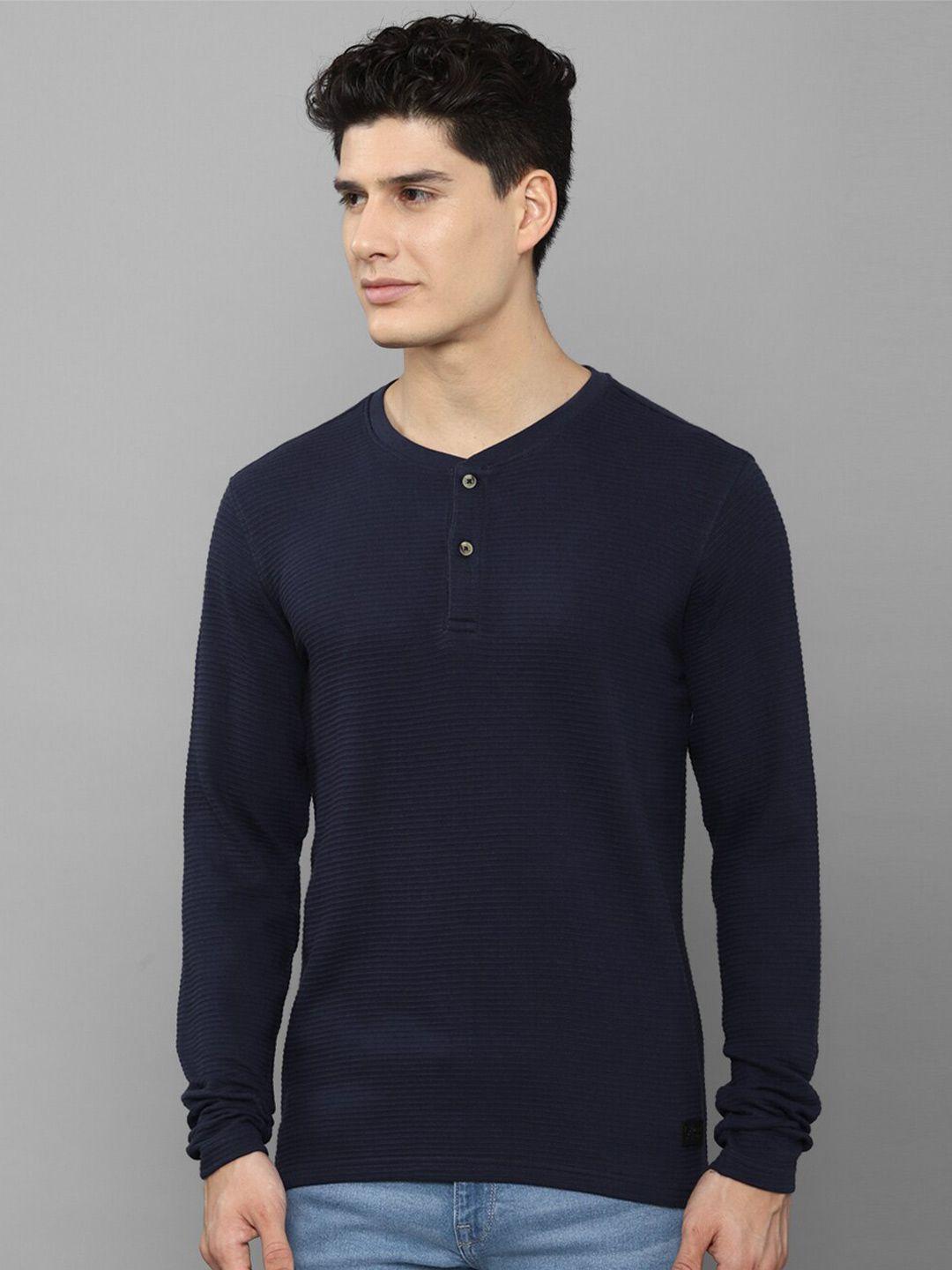 allen solly men navy blue henley neck slim fit pure cotton t-shirt