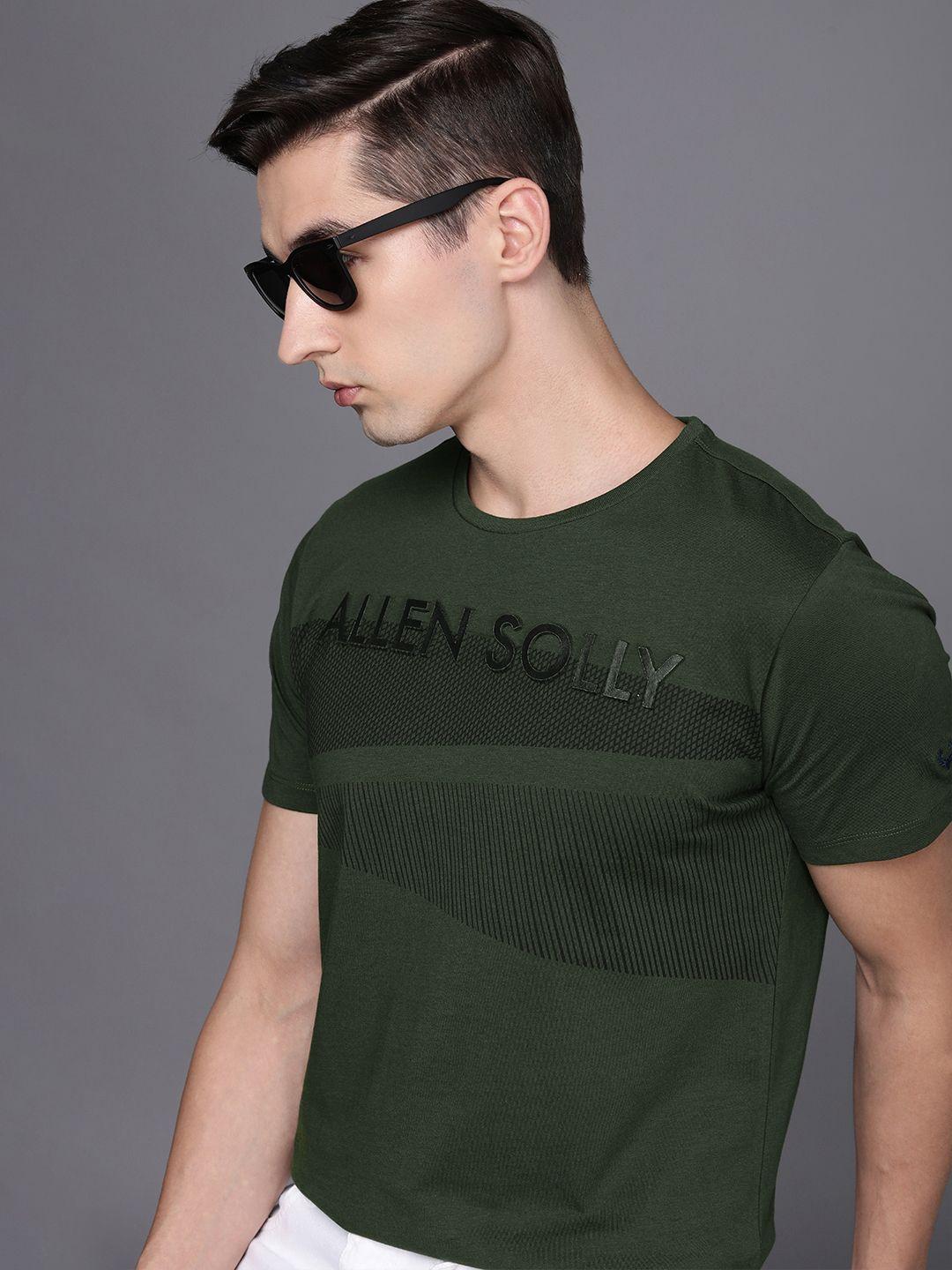 allen solly men olive green & black brand logo printed pure cotton slim fit t-shirt