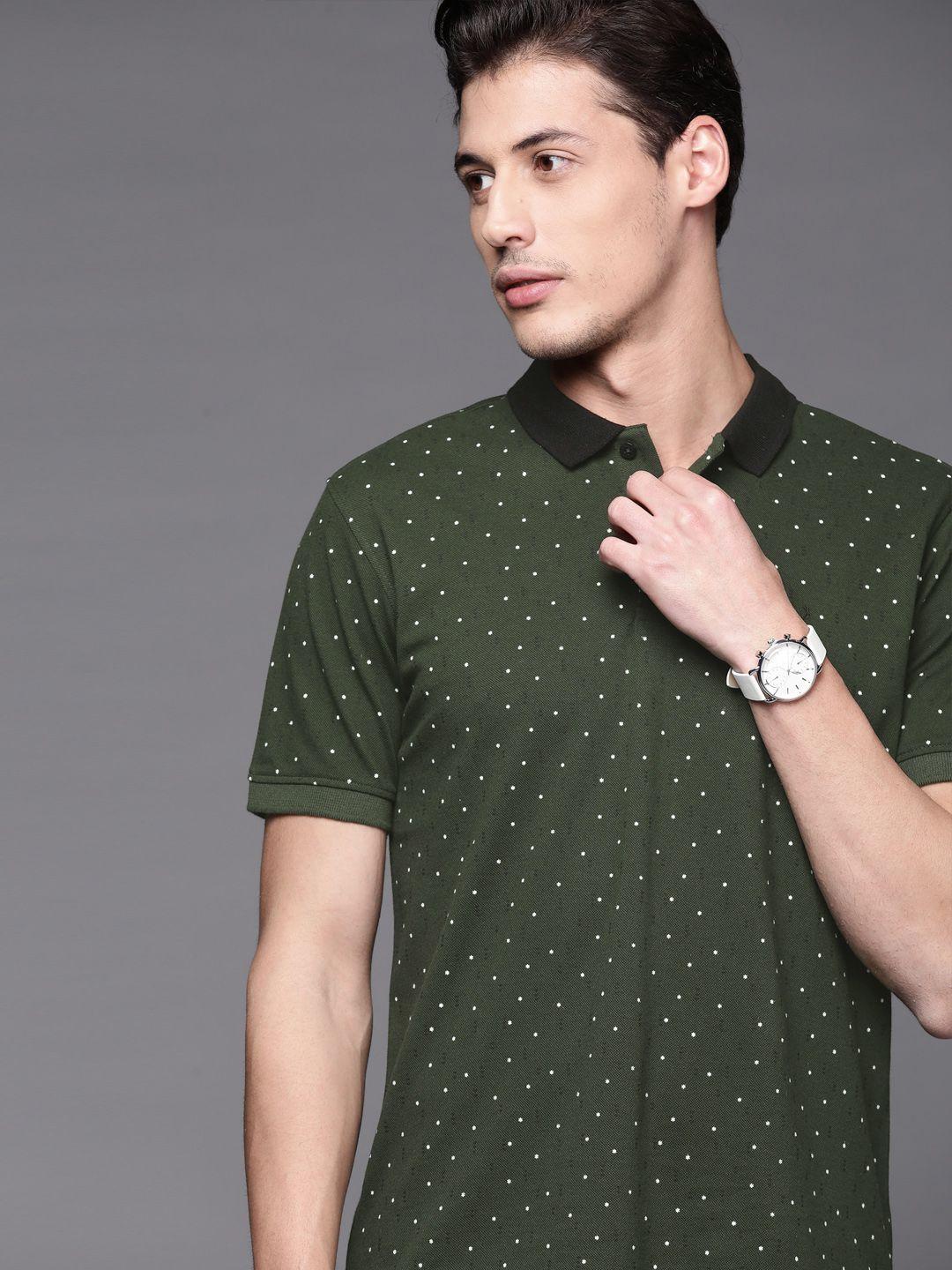 allen solly men olive green & white printed polo collar t-shirt