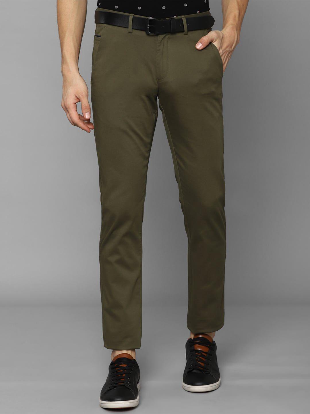 allen solly men olive green slim fit solid trousers
