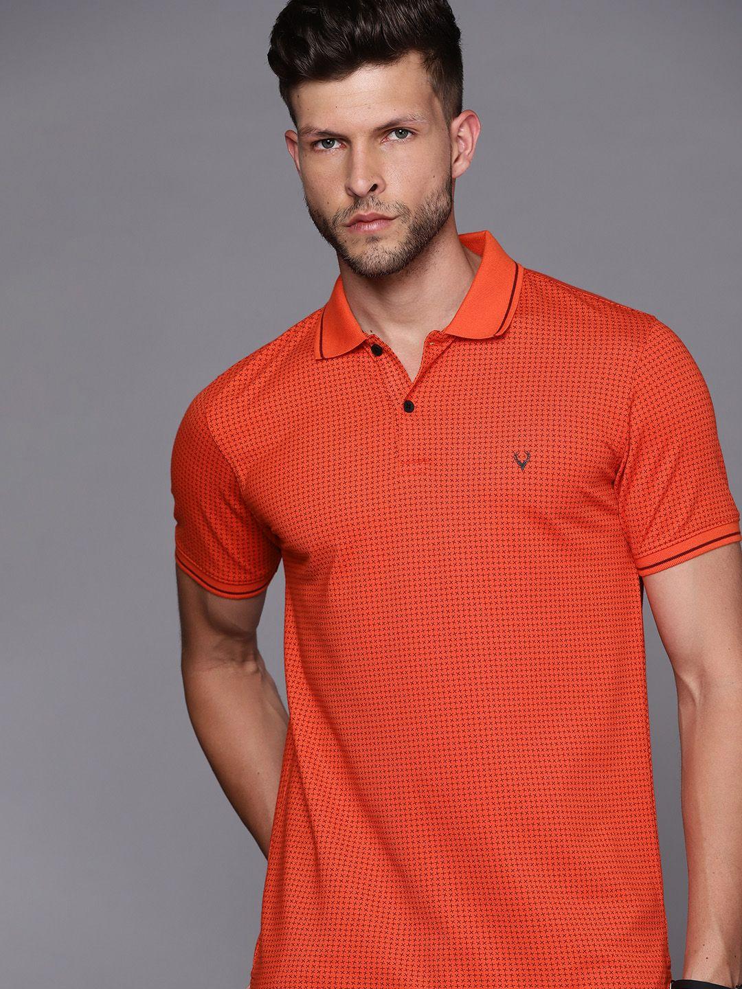 allen solly men orange & brown geometric printed polo collar t-shirt