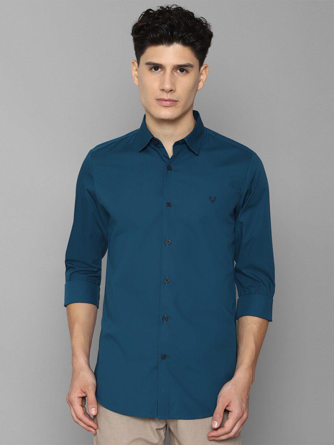allen solly men teal solid pure cotton slim fit casual shirt