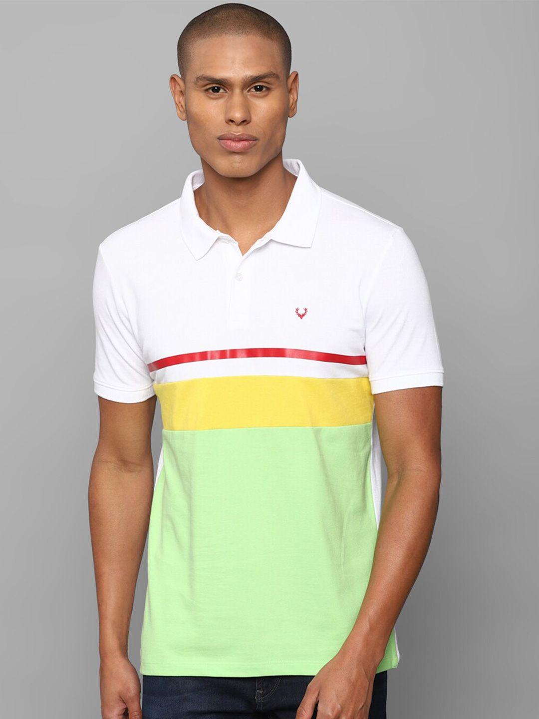allen solly men white & green striped polo collar t-shirt