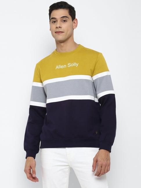 allen solly navy & yellow cotton regular fit striped sweatshirt