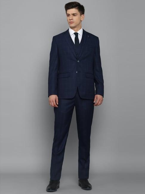 allen solly navy blue slim fit checks three piece suit