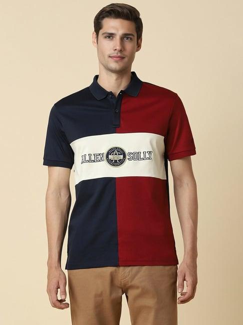 allen solly navy cotton regular fit colour block polo t-shirt