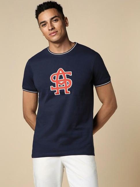 allen solly navy cotton regular fit printed t-shirt