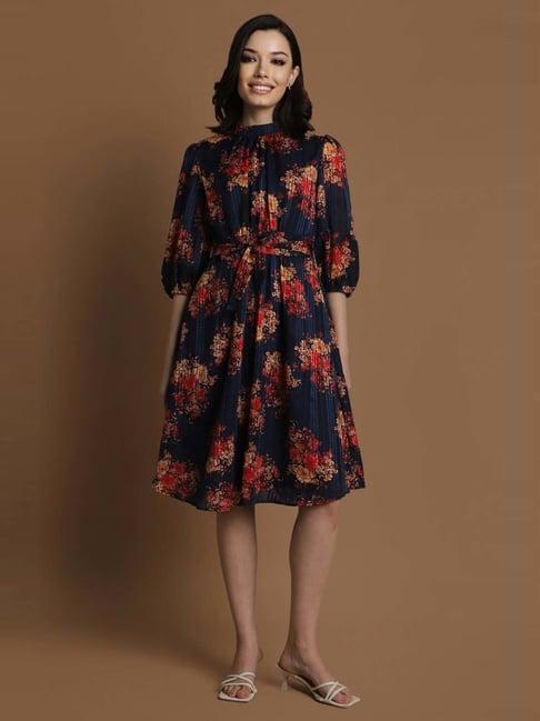 allen solly navy floral print a-line dress