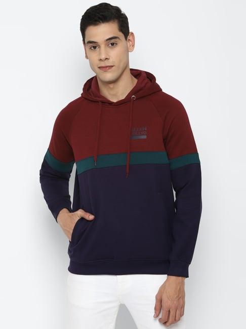 allen solly navy regular fit colour block hooded sweatshirt