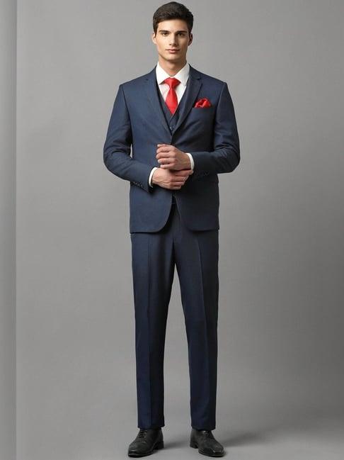 allen solly navy slim fit self pattern three piece suit