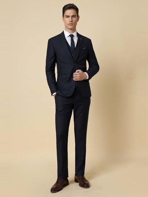 allen solly navy slim fit textured three piece suit