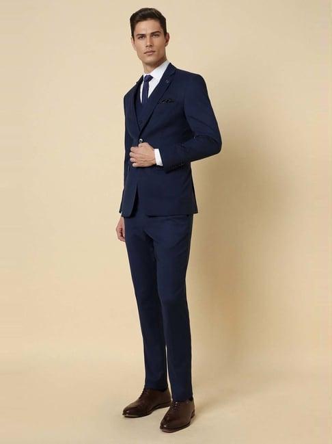 allen solly navy slim fit textured three piece suit