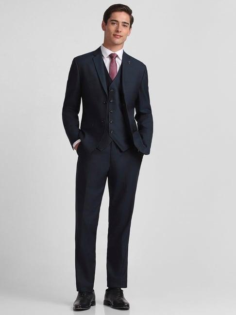 allen solly navy slim fit three piece suit