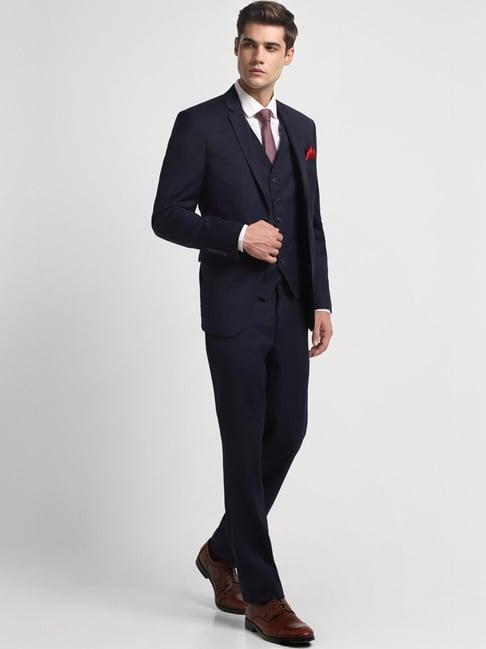 allen solly navy slim fit three piece suit