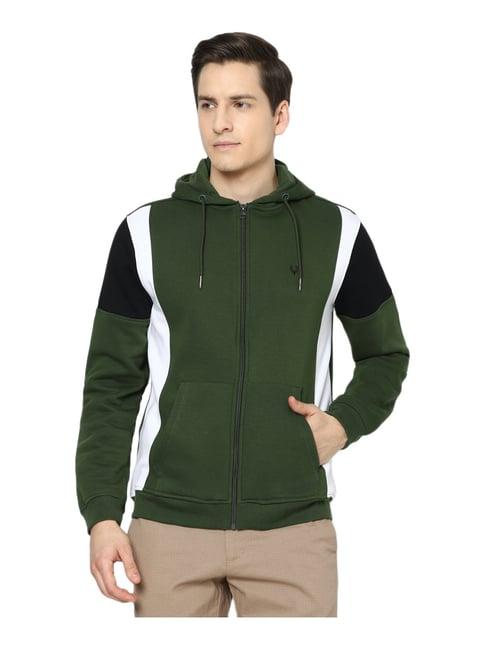 allen solly olive & white cotton regular fit colour block hooded sweatshirt