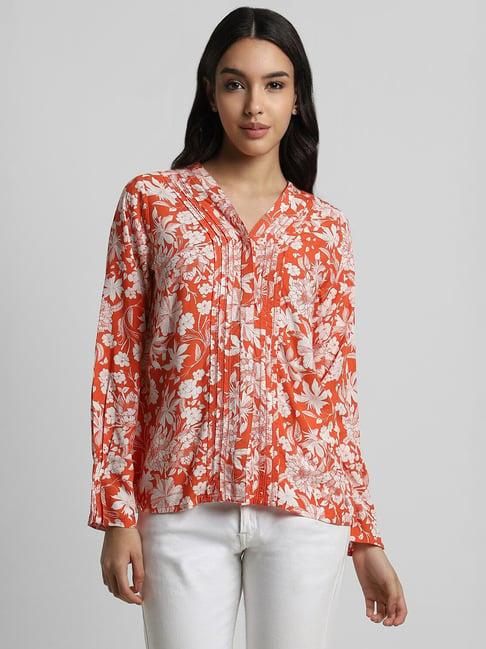 allen solly orange & white floral print shirt