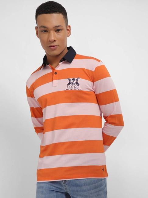 allen solly orange cotton regular fit striped polo t-shirt