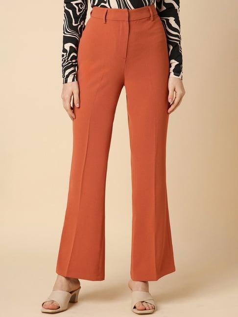 allen solly orange polyester regular fit mid rise trousers