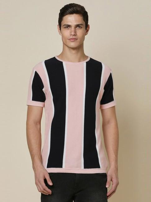 allen solly pink cotton regular fit striped t-shirt