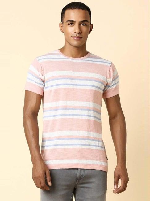 allen solly pink cotton regular fit striped t-shirt